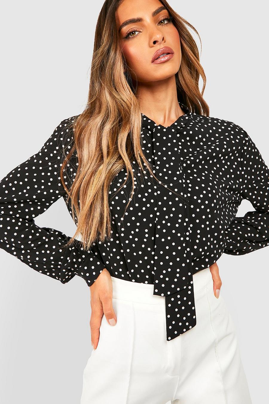 Black Polka Dot Pussy Bow Woven Blouse image number 1
