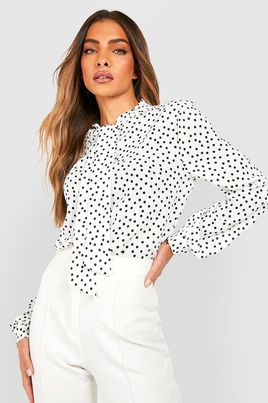 Ivory Polka Dot Pussy Bow Woven Blouse image number 1