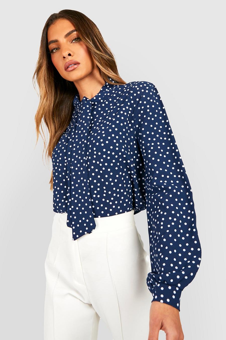 Navy Polka Dot Pussy Bow Woven Blouse image number 1