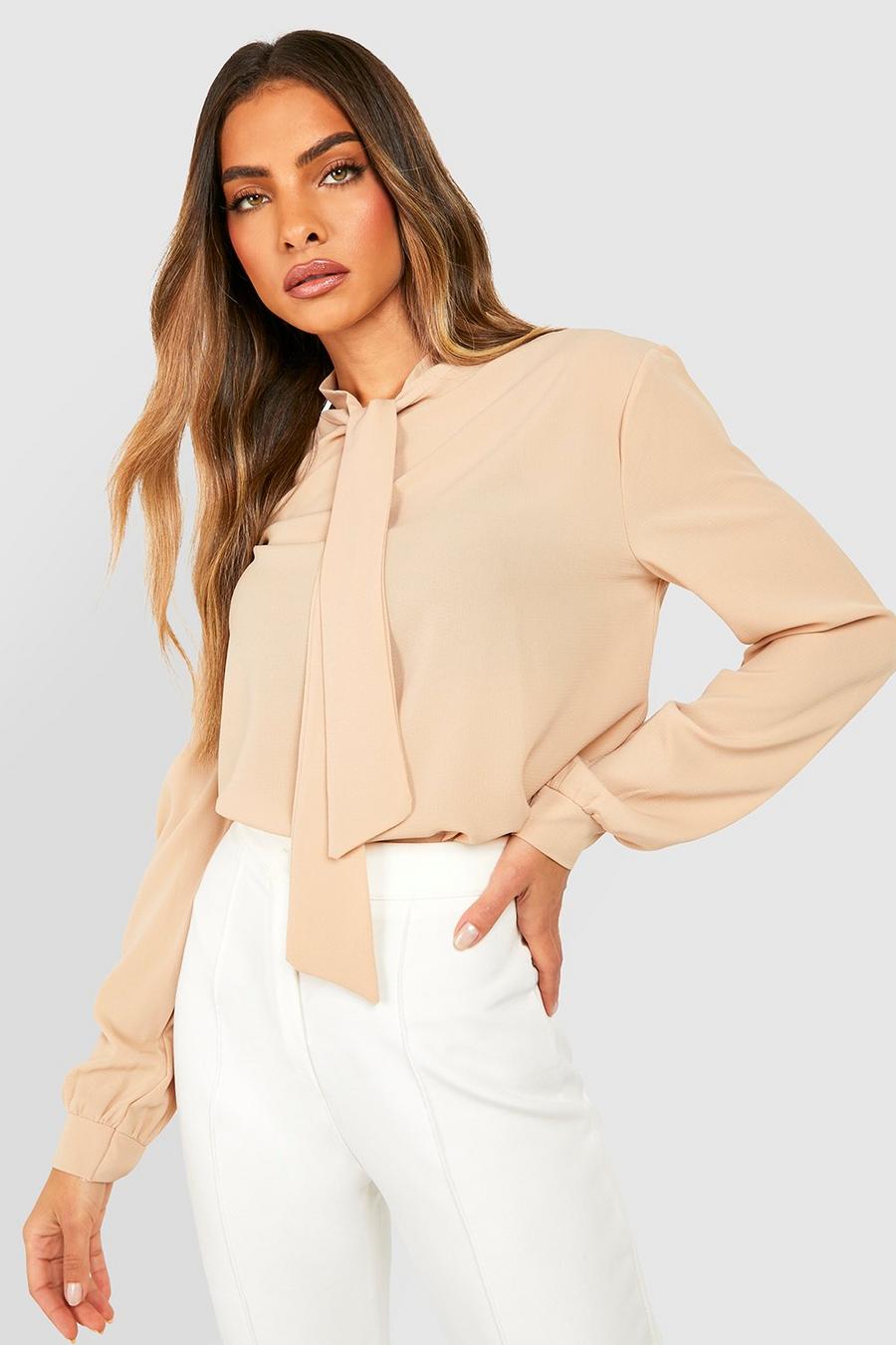 Stone beige Pussybow Woven Blouse image number 1