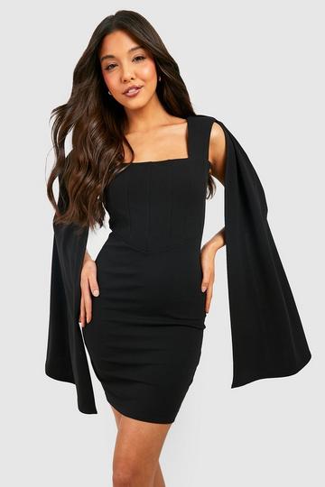 Black Tailored Corset Detail Cape Mini Dress