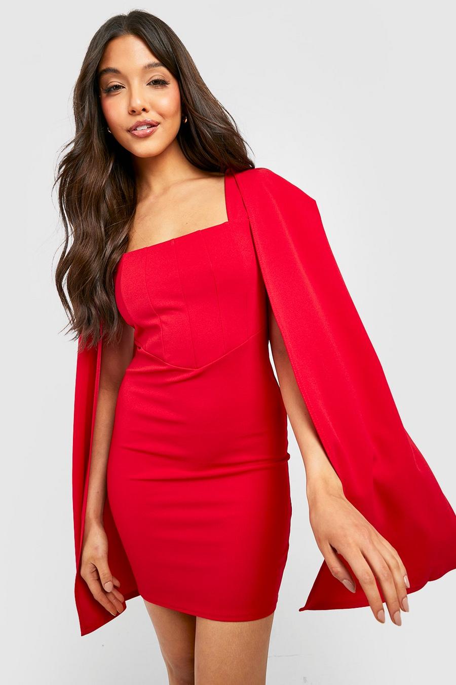 Red Tailored Corset Detail Cape Mini Dress image number 1
