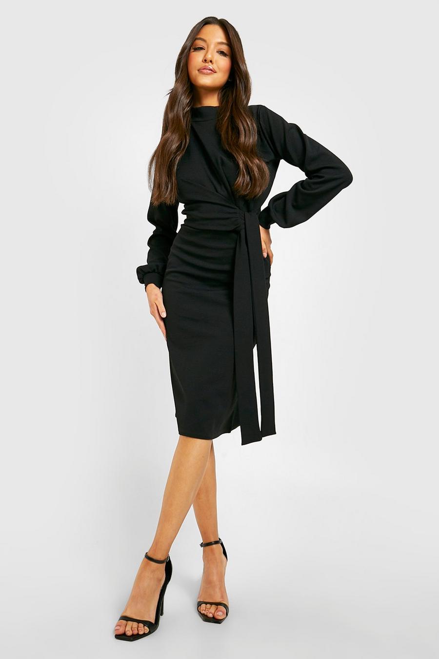 Black Volume Sleeve Tie Waist Midi Dress image number 1