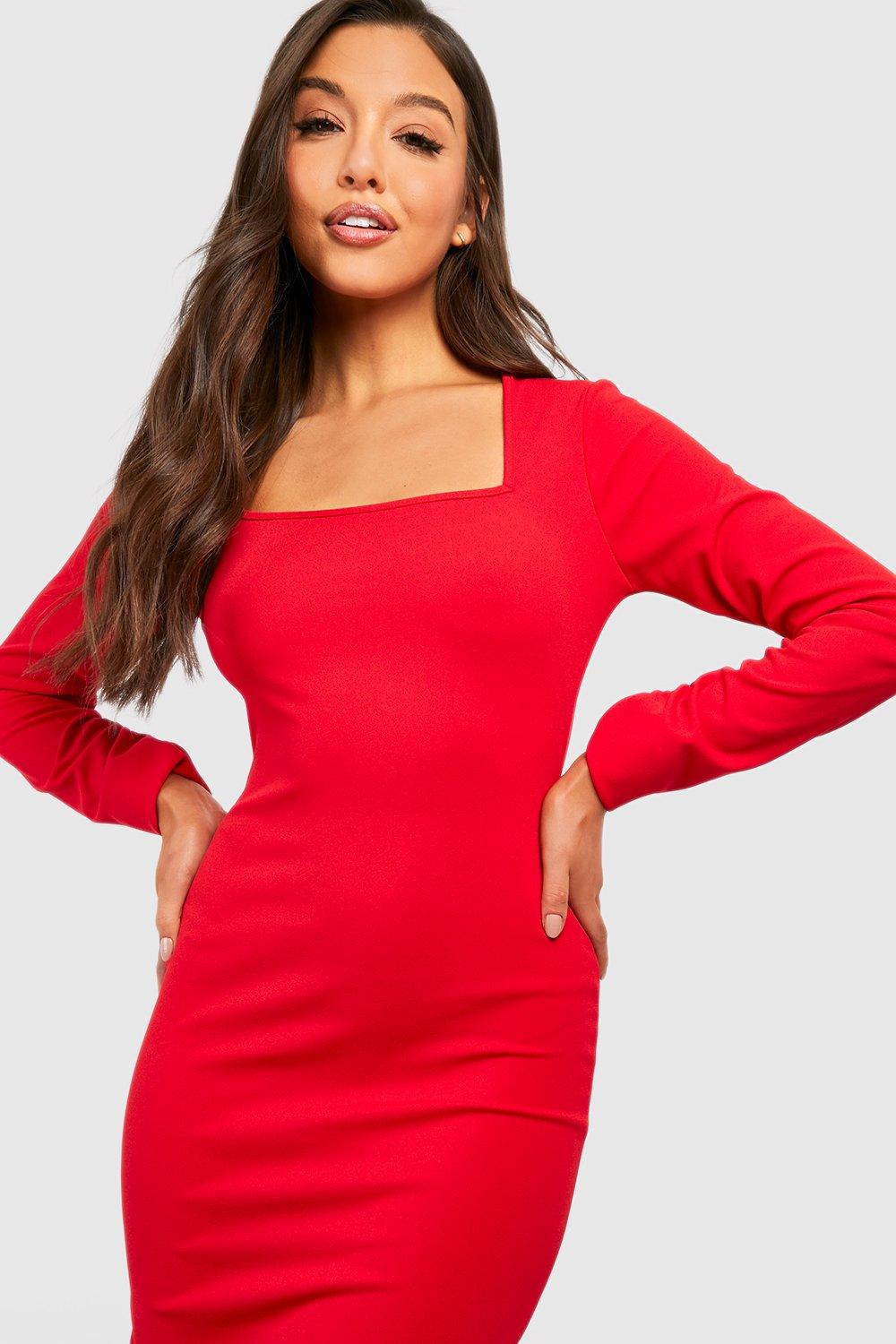 Square Neck Ruched Sleeve Fitted Midi Dress boohoo