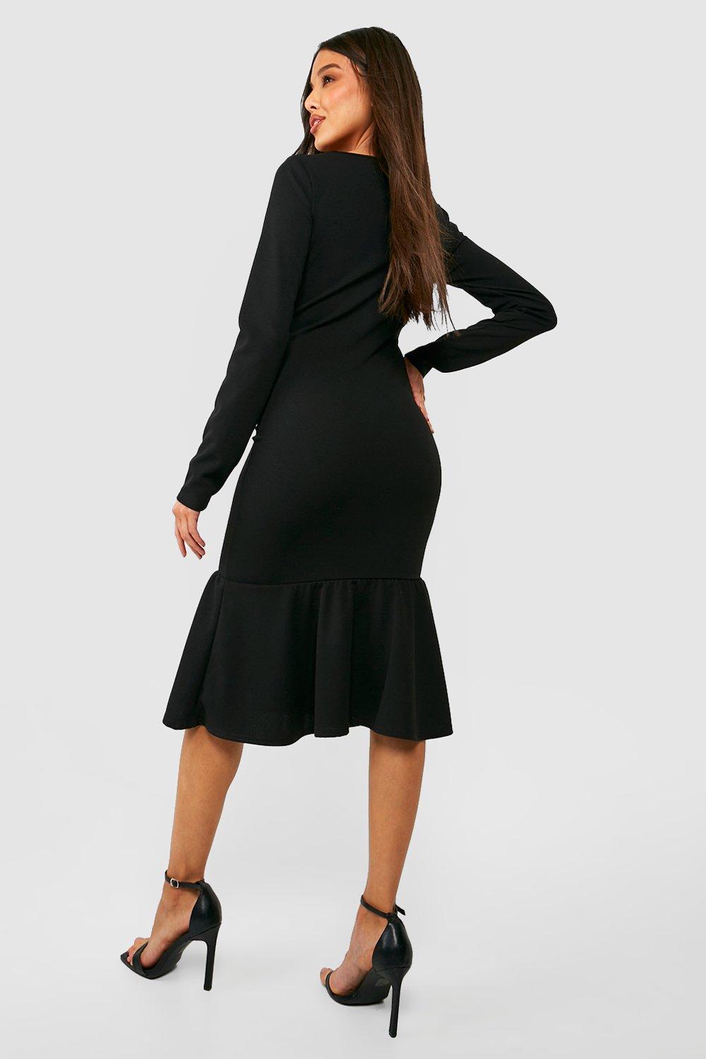 Square Neck Long Sleeve Pep Hem Midi Dress