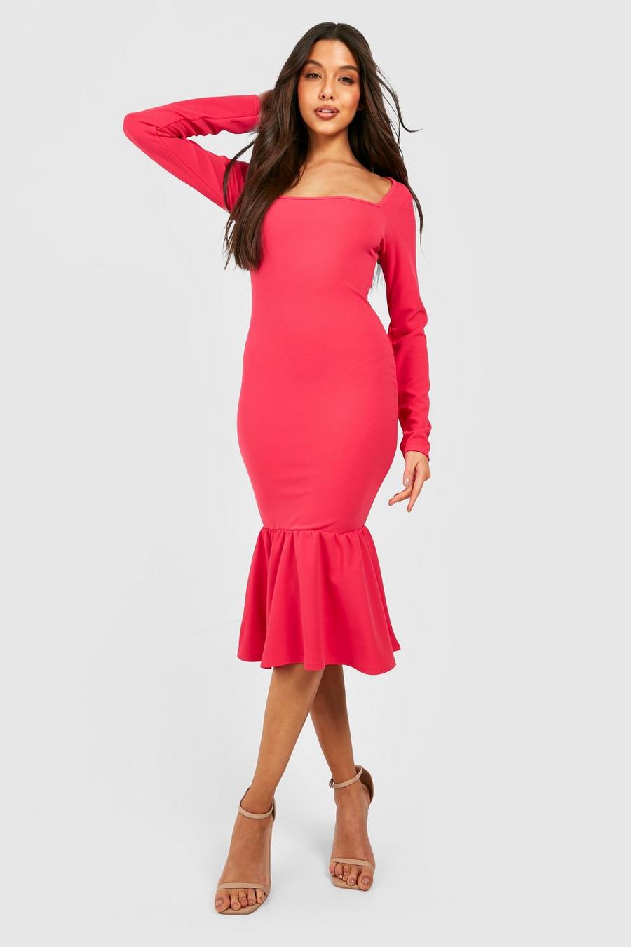 Hot pink Square Neck Long Sleeve Pep Hem Midi Dress image number 1