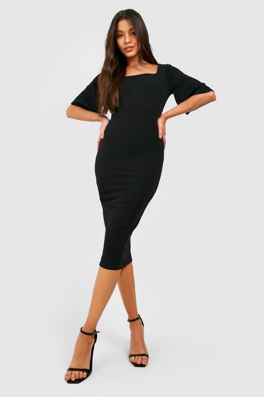 Black Square Neck Flared Sleeve Fitted Midi Dress image number 1