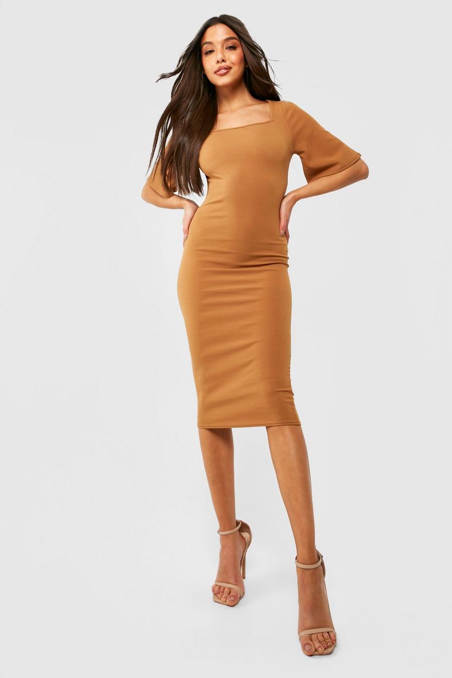 Camel Square Neck Flared Sleeve Fitted Midi Dress image number 1