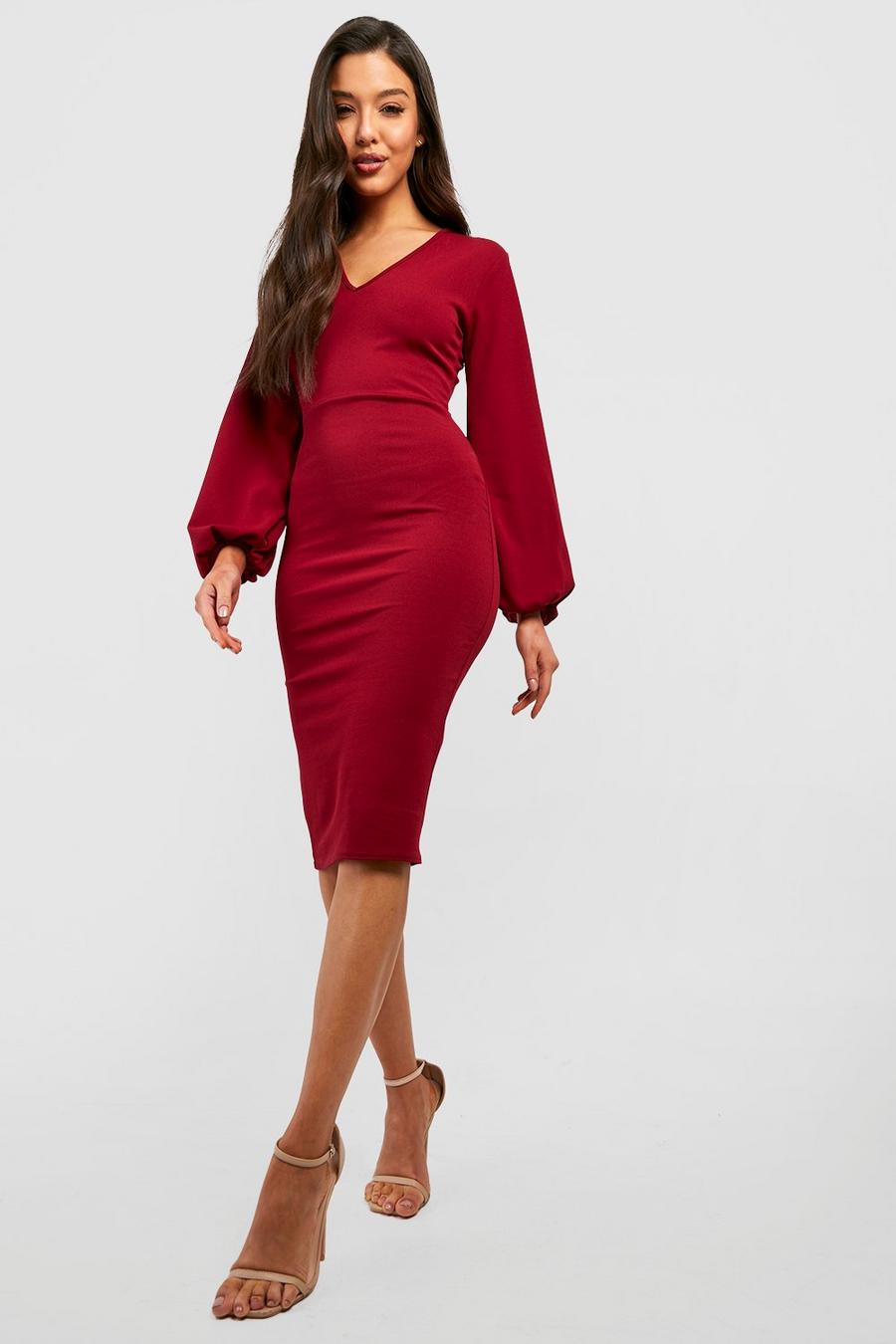 Berry Puff Sleeve Fitted Crepe Midi Dress image number 1