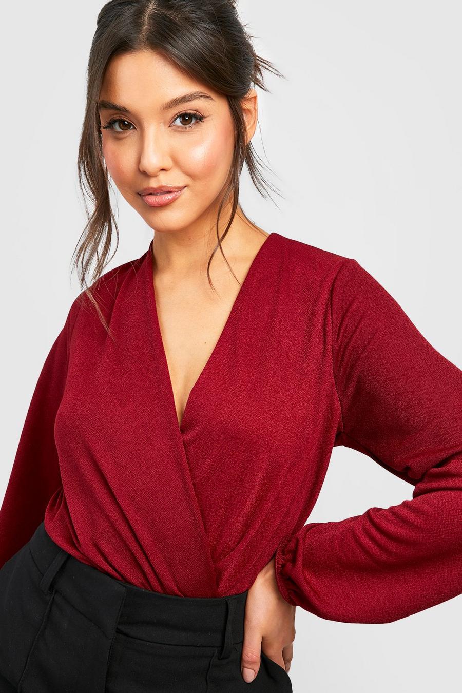 Berry red Volume Sleeve Wrap Front Crepe Bodysuit image number 1