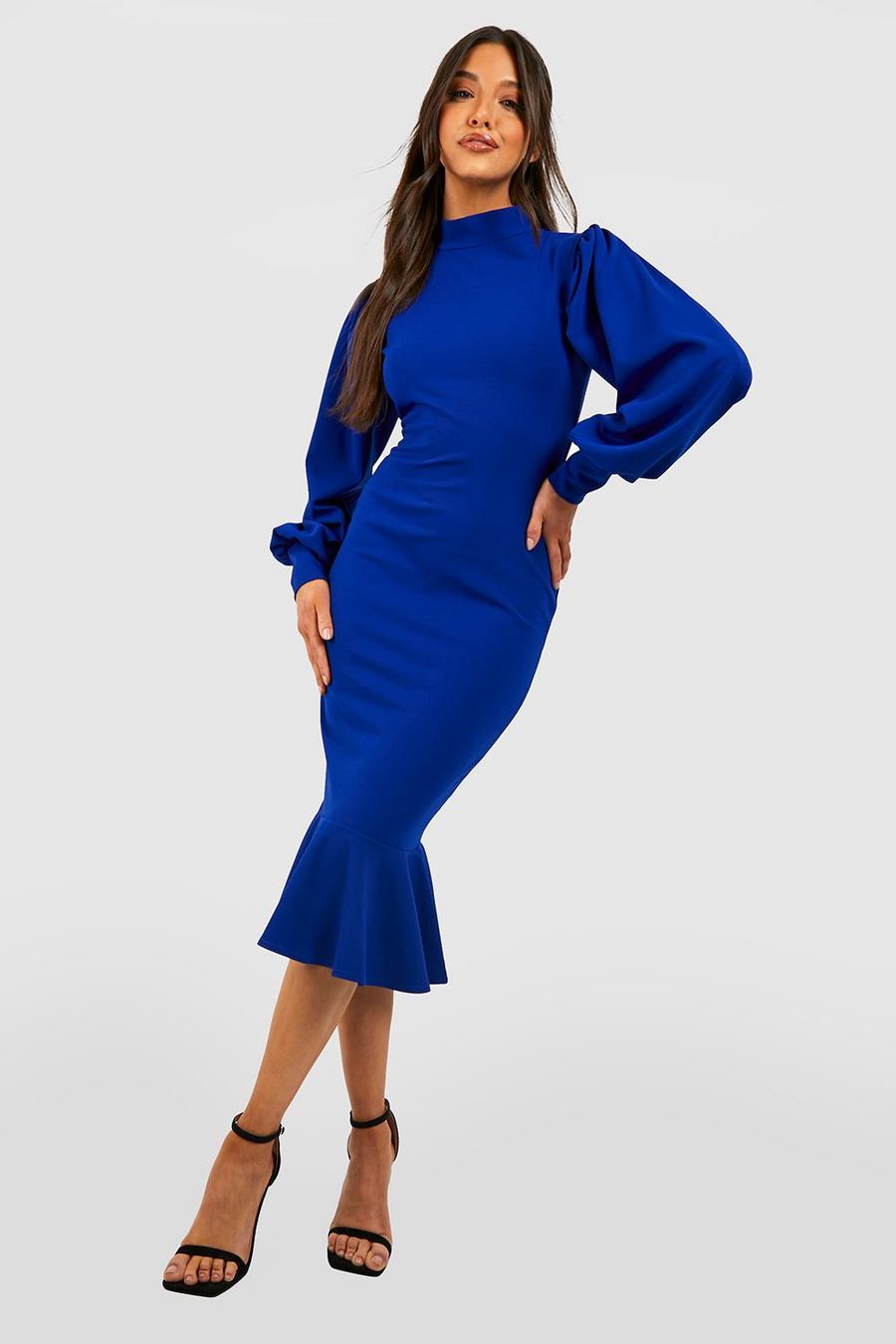 Cobalt blue High Neck Frill Hem Midi Dress image number 1