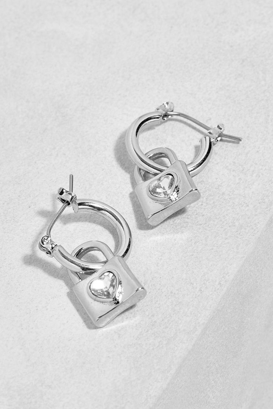 Silver Heart Stone Padlock Charm Hoop Earrings 