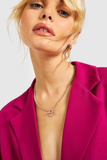 Pave Heart Open T Bar Chain Necklace gold