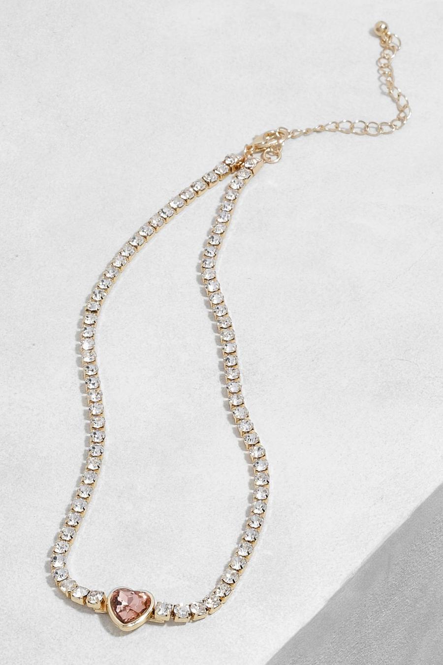 Collana media in maglie di metallo con fila di strass e cuore, Gold image number 1