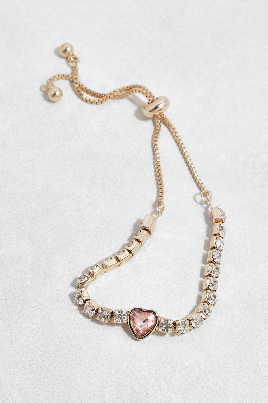 Gold Heart Station Crystal Tennis Bracelet image number 1