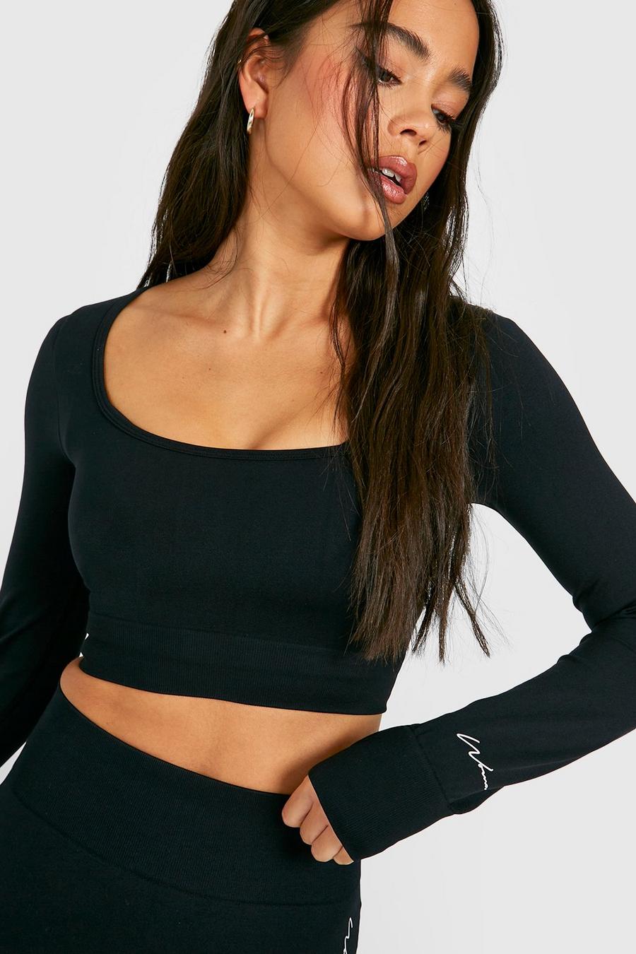 Black Petite Seamless Square Neck Long Sleeve Sports Top image number 1