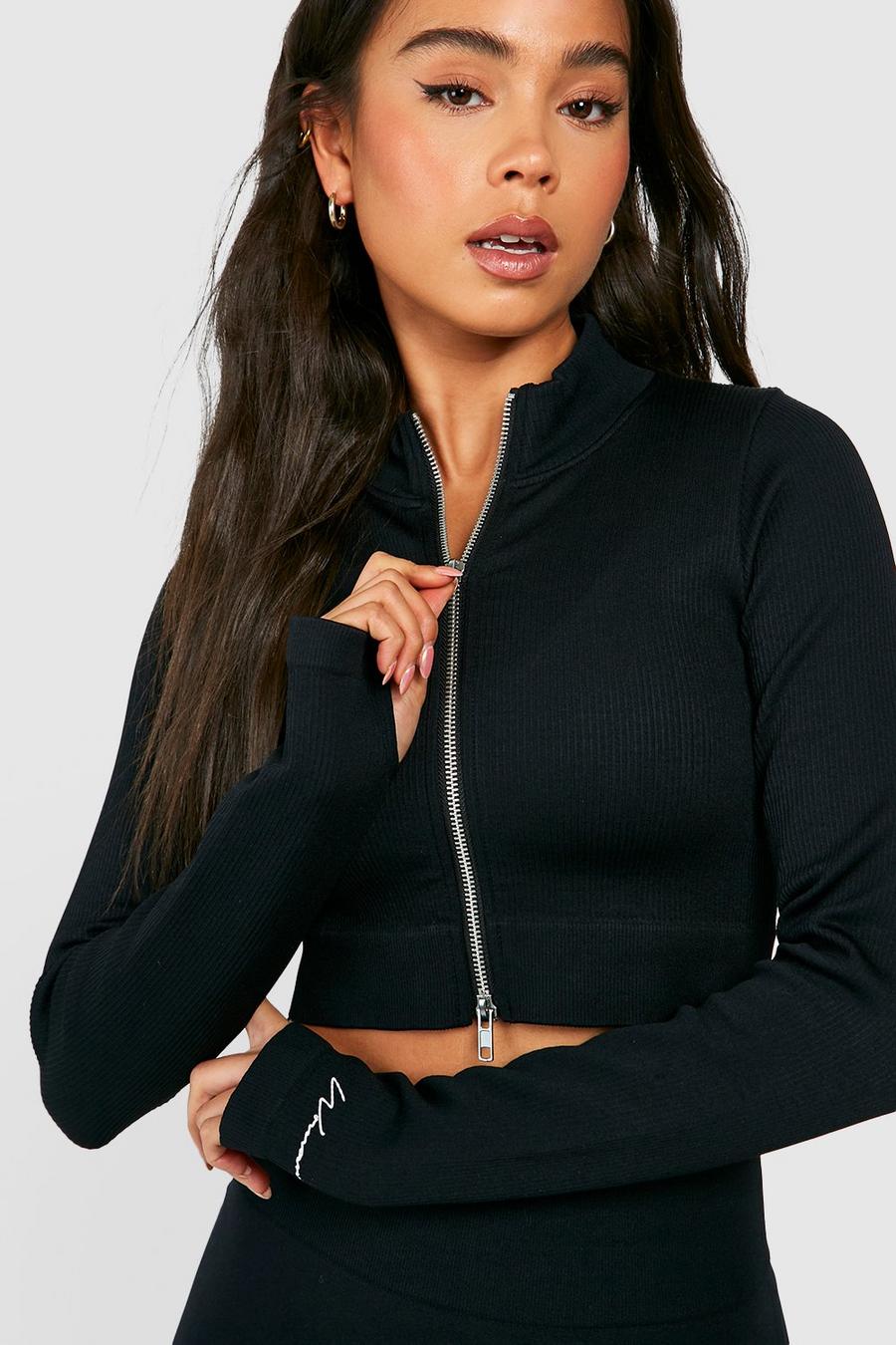 Black Petite Seamless Double Zip Long Sleeve Sports Top image number 1