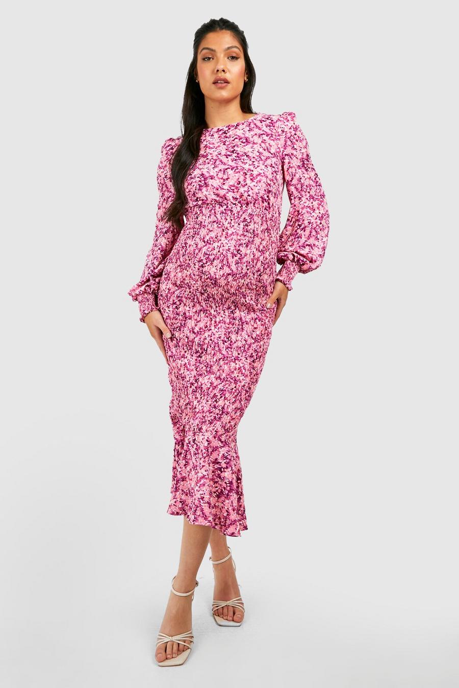 Maternité - Robe de grossesse mi-longue froncée fleurie, Pink image number 1