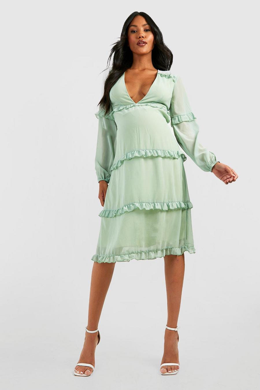 Sage green Maternity Occasion Tie Back Frill Midi Dress image number 1