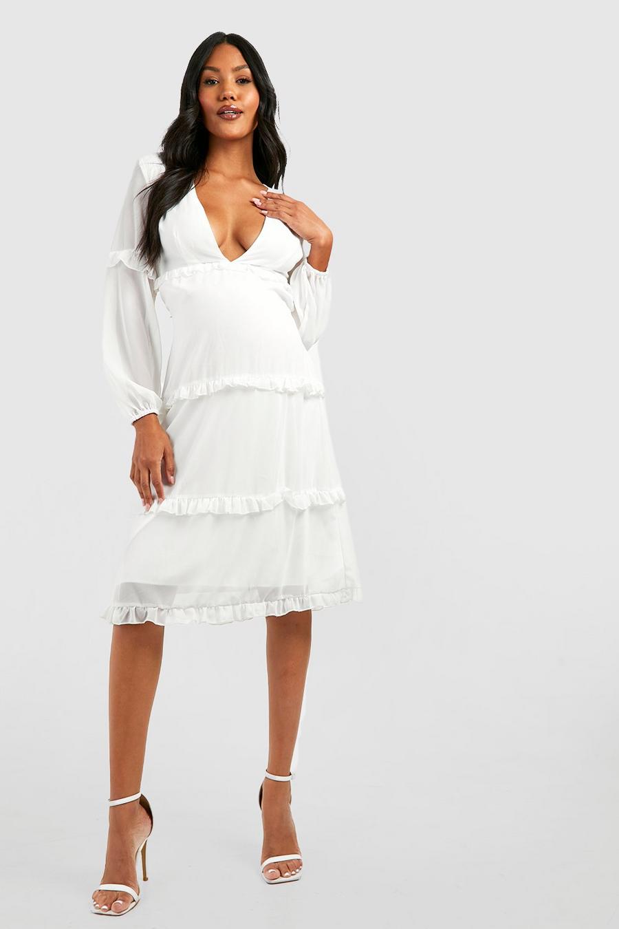 White Maternity Occasion Tie Back Frill Midi Dress image number 1