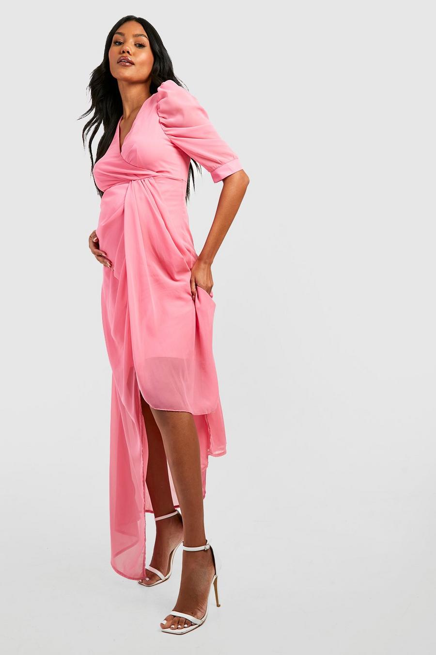 Pink Maternity Occasion Puff Sleeve Maxi Dress image number 1