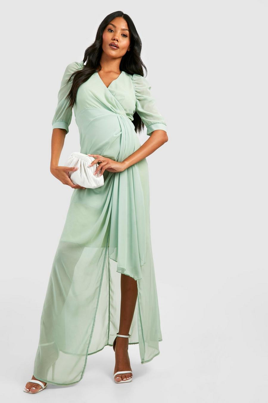 Sage Maternity Occasion Puff Sleeve Maxi Dress