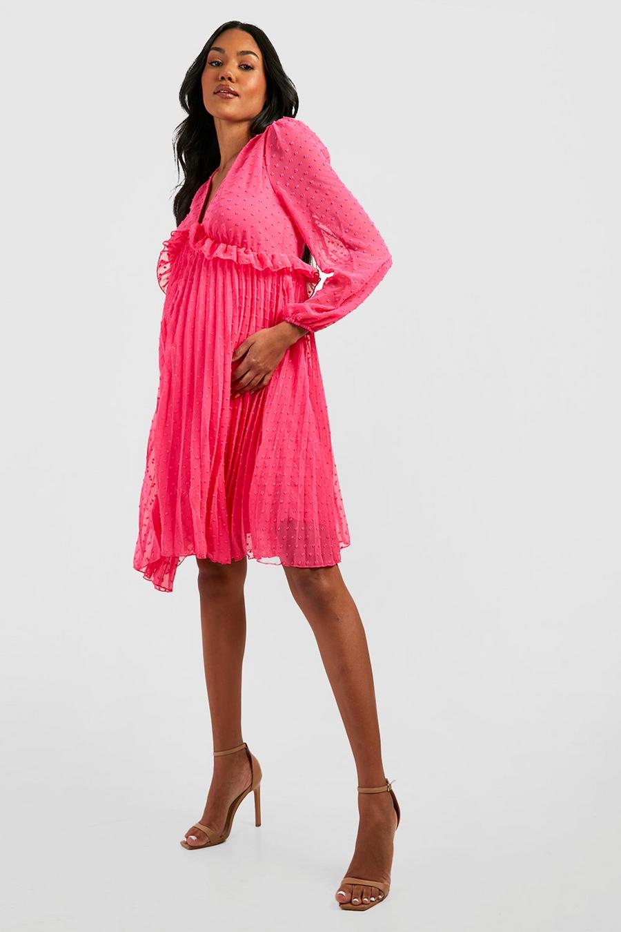 Maternité - Robe de grossesse babydoll plissée, Hot pink image number 1