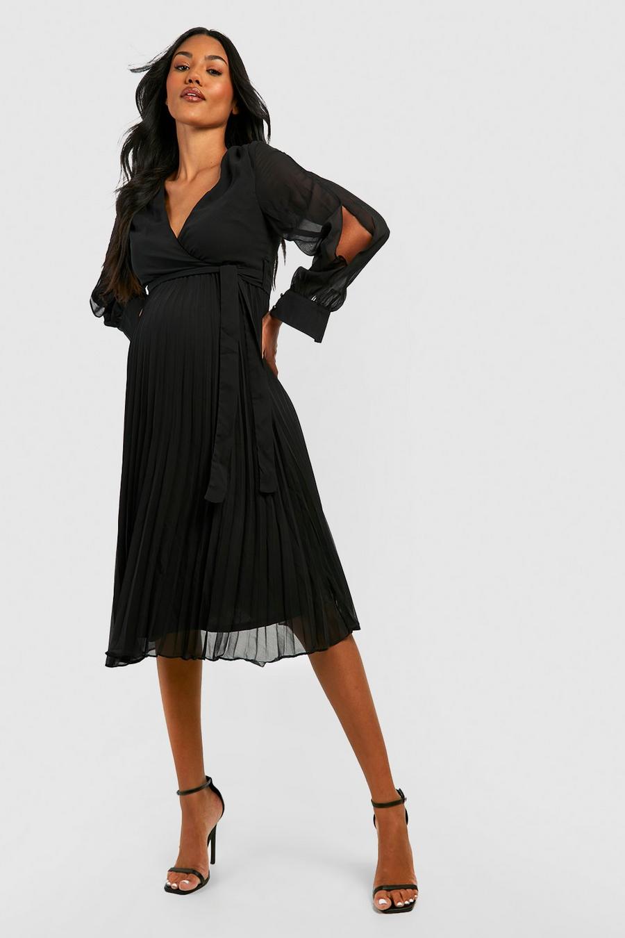 Black noir Maternity Occasion Chiffon Split Sleeve Pleated Midi Dress