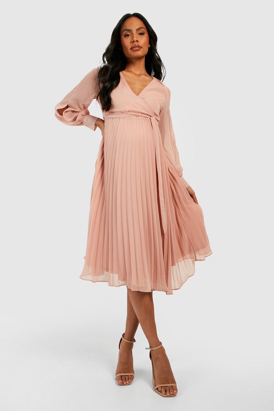 Blush pink Maternity Occasion Chiffon Split Sleeve Pleated Midi Dress image number 1