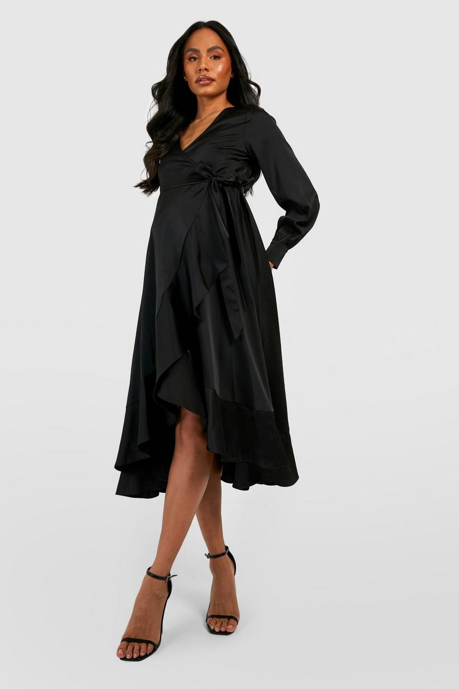 Black Maternity Occasion Satin Ruffle Hem Wrap Midi Dress image number 1