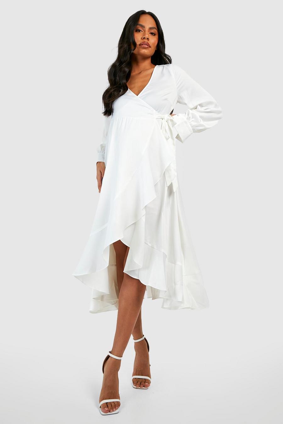 Ivory white Maternity Occasion Satin Ruffle Hem Wrap Midaxi Dress image number 1