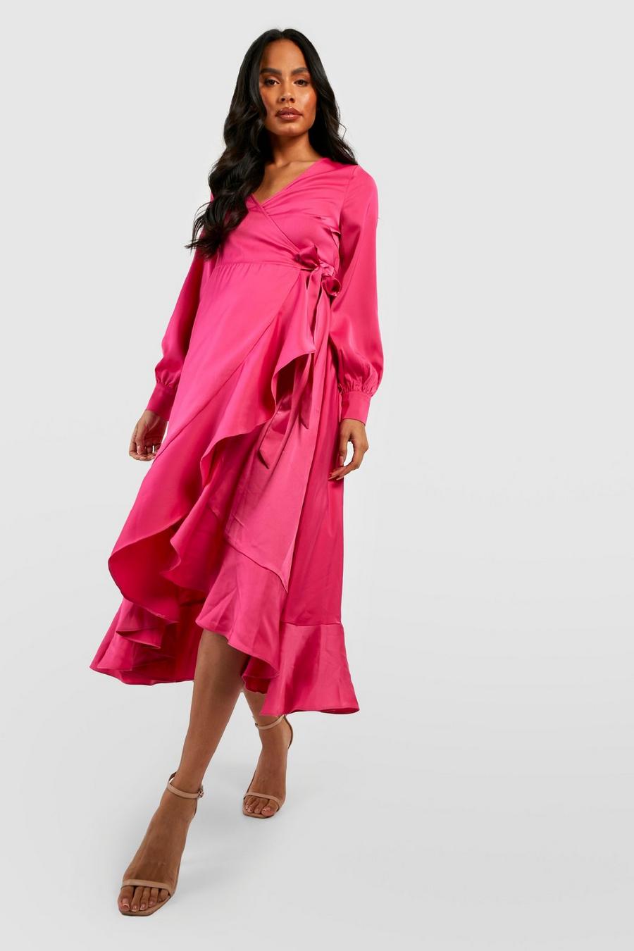 Vestito scaldacuore longuette Premaman da cerimonia in raso con fondo arricciato, Pink