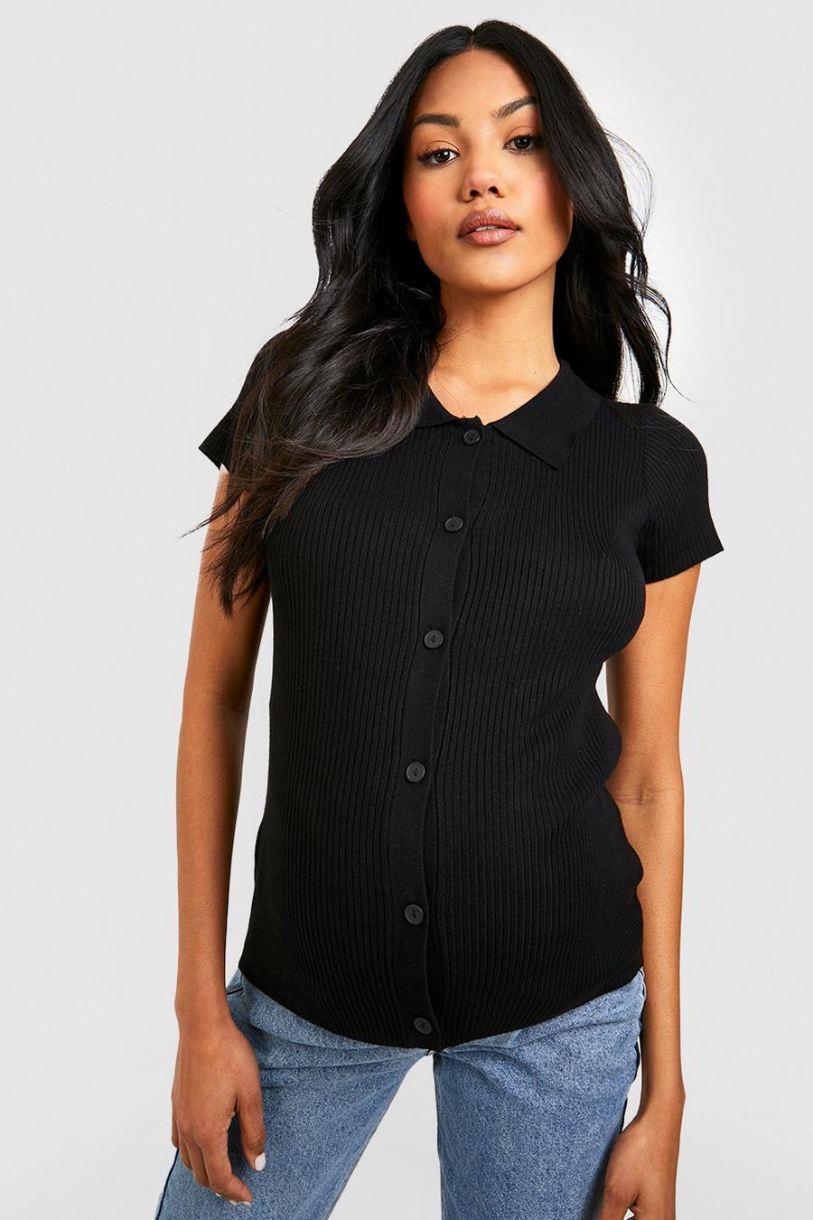 Maternity Collared Button Front Cap Sleeve Rib Knit Top, Black negro