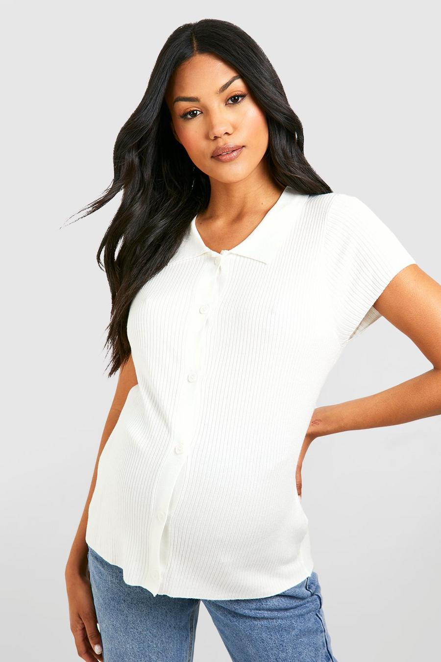 Ivory Maternity Collared Button Front Cap Sleeve Rib Knit Top image number 1