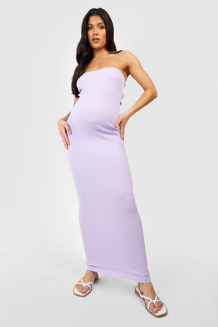 Lilac purple Maternity Bandeau Rib Knit Midi Dress