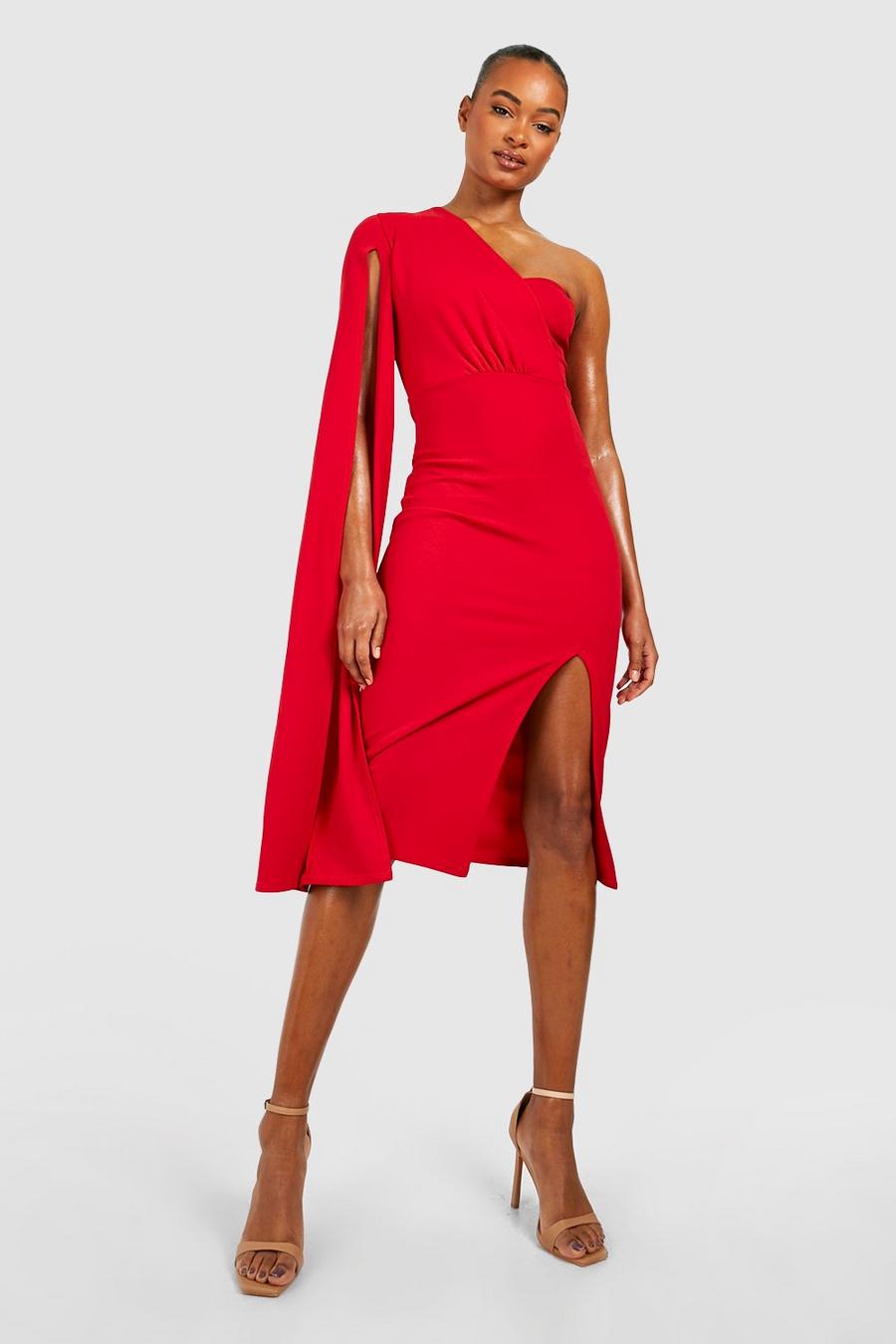 Red Tall Cape Detail Midi Dress