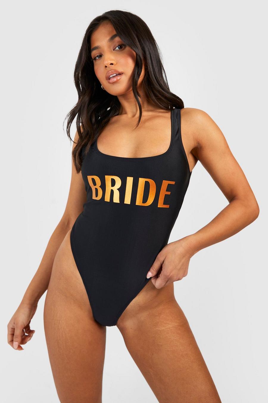 Black Petite Bride Slogan Swimsuit