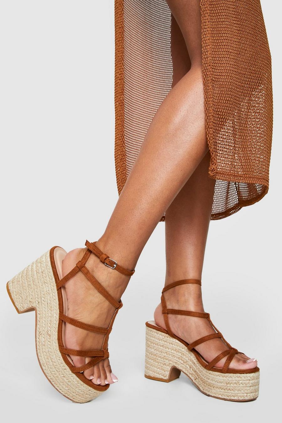 Tan brown Wide Fit Cage Detail Espadrille Wedges