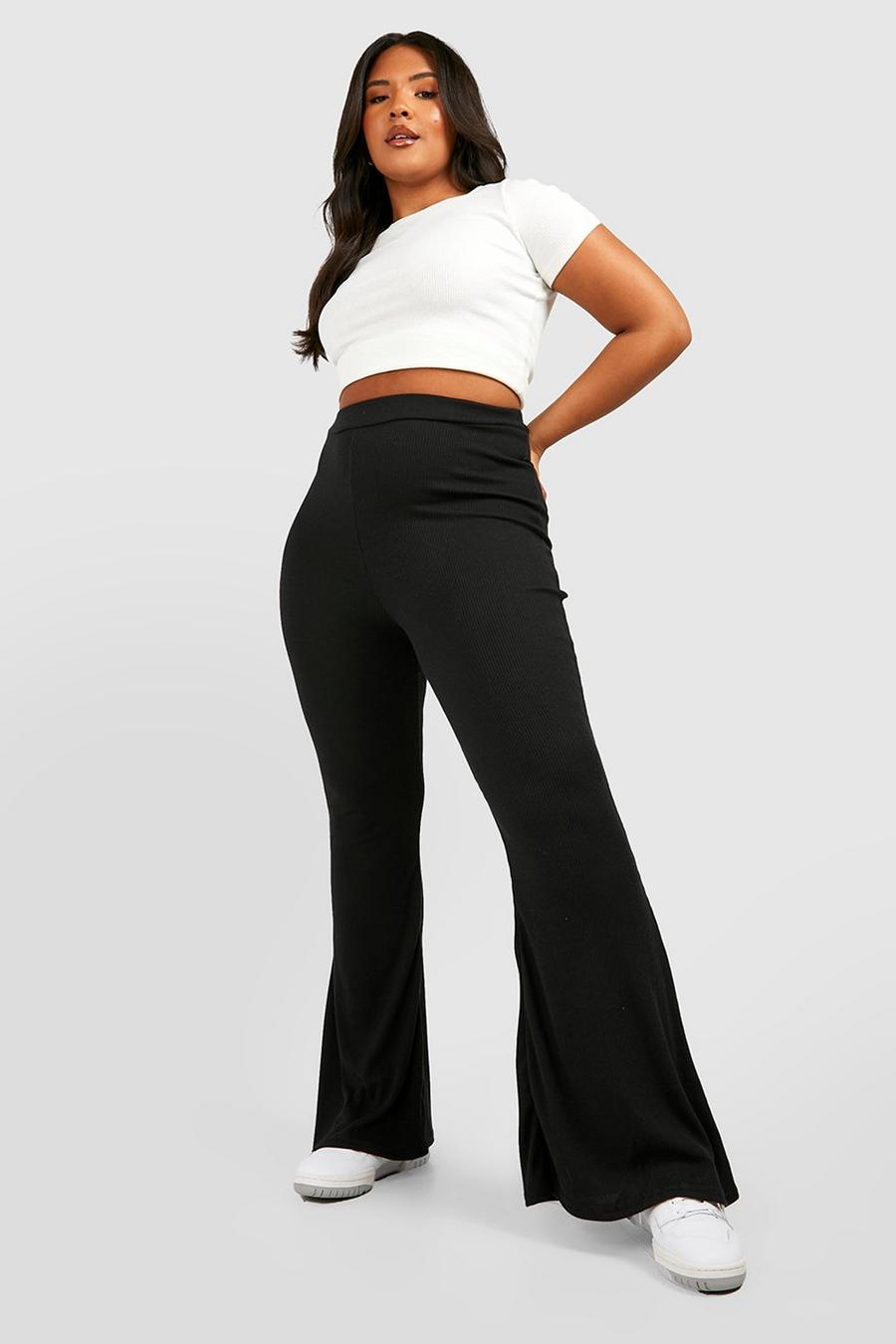 Pantaloni a zampa Plus Size Basic a coste, Black nero image number 1