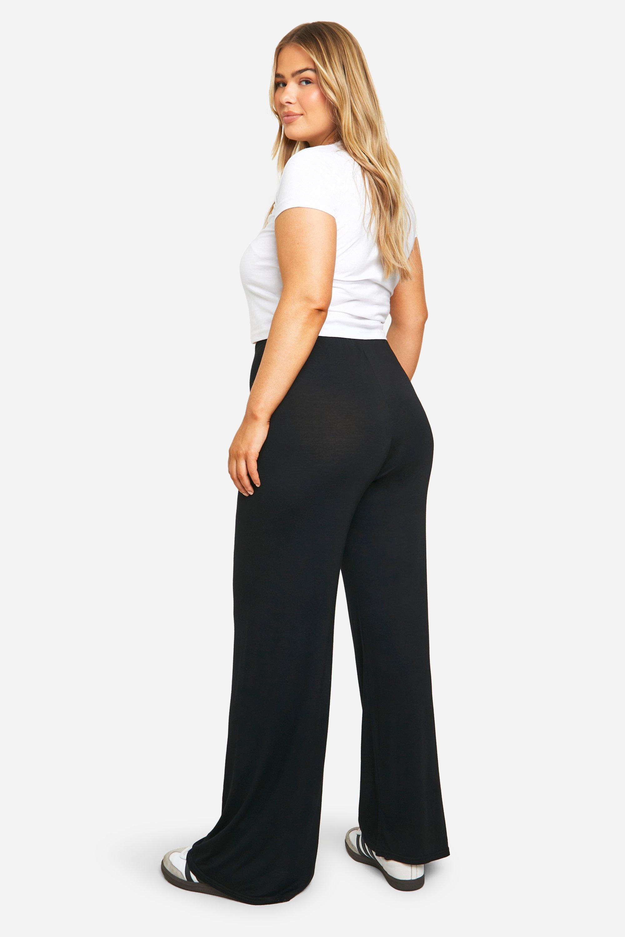 Plus Size Black Pull On Wide Leg Trousers