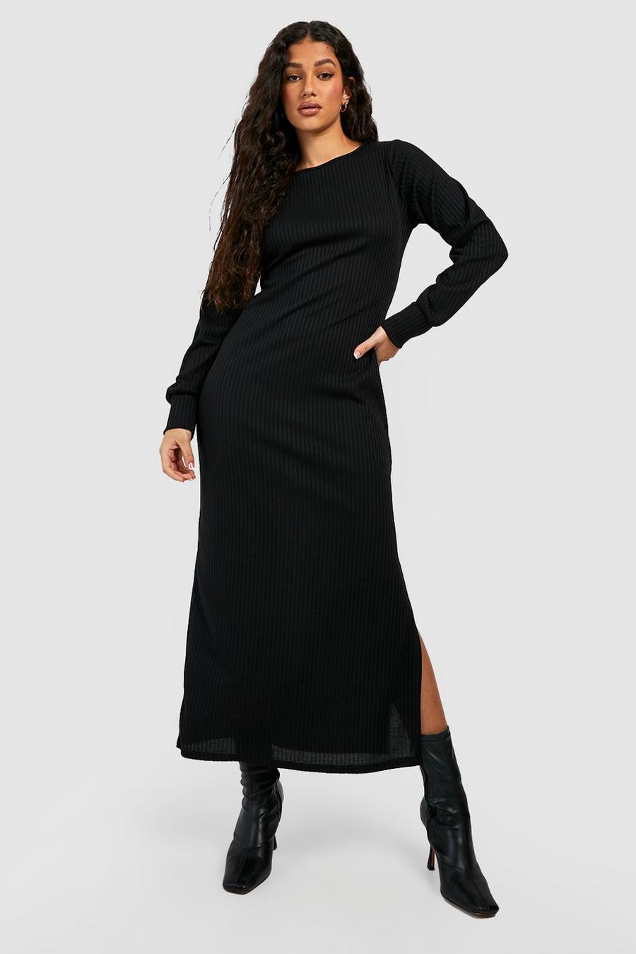 Black Soft Rib Midi Dress With Side Split image number 1