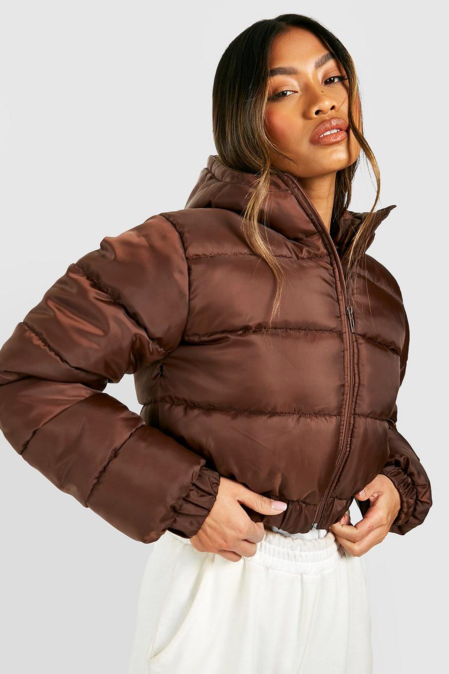 Chocolate Cropped Hooded Puffer Jacket image number 1