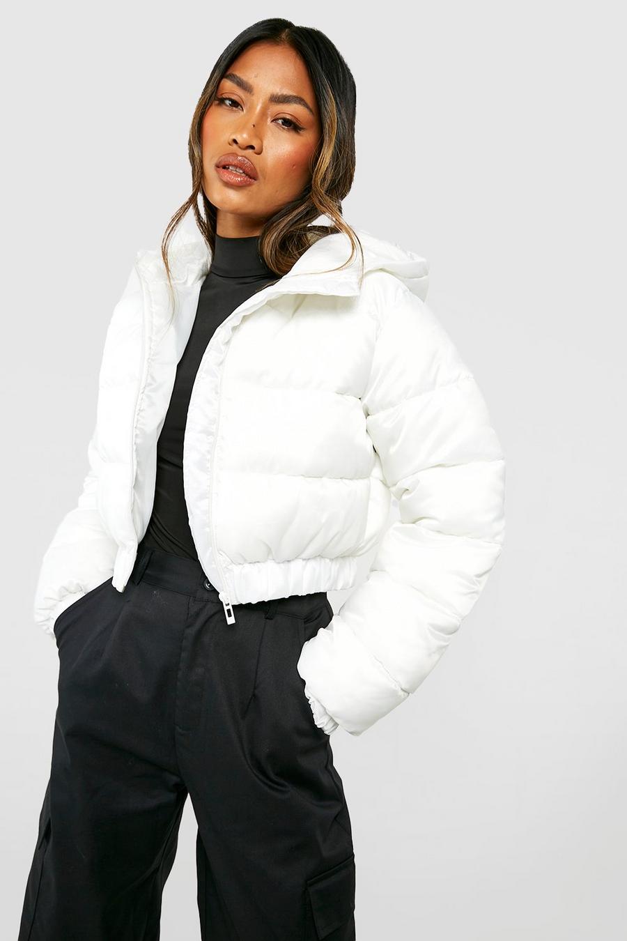 Cream white Cropped Hooded Puffer Jacket