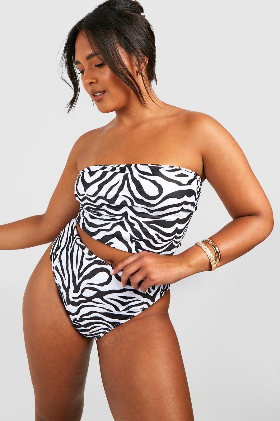 Plus Zebraprint Bikinihose mit hohem Bund, White image number 1
