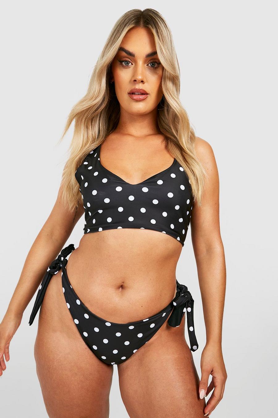 Top bikini Plus Size reversibile a pois con intaglio sullo scollo, Black image number 1