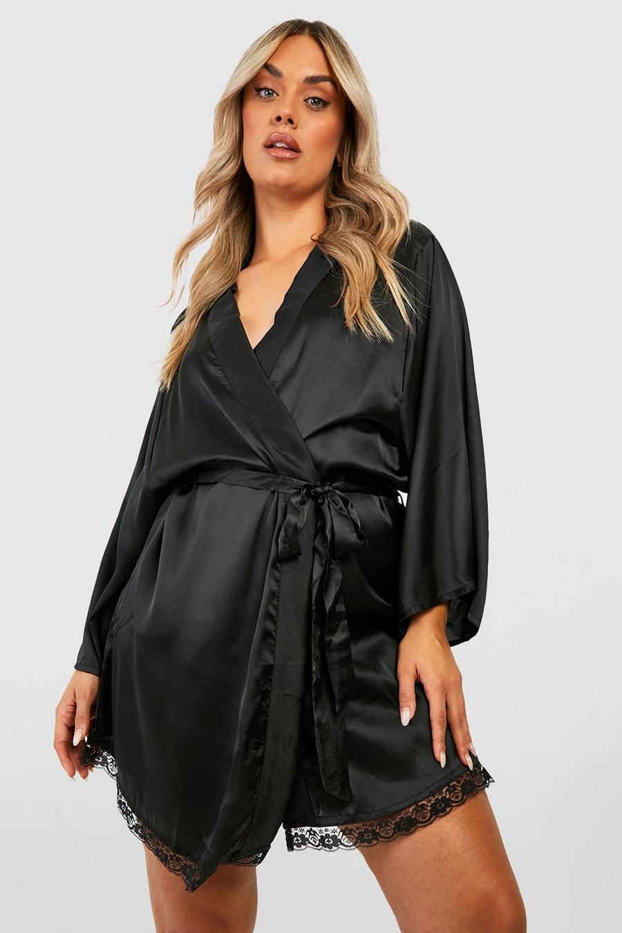 Vestaglia Plus Size in raso stile kimono, Black image number 1