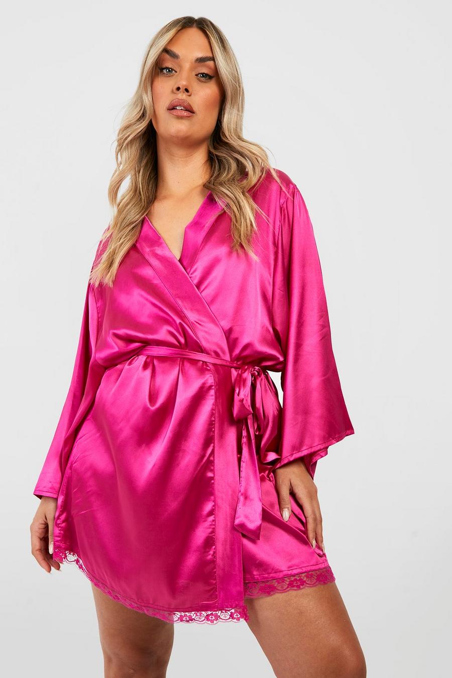 Vestaglia Plus Size in raso stile kimono, Hot pink image number 1