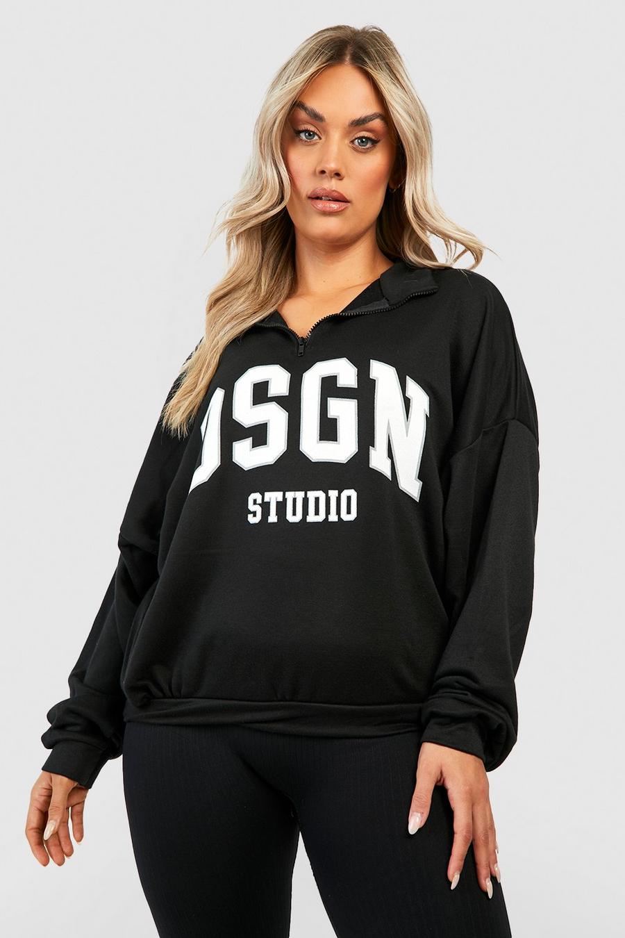 Plus Oversize Sweatshirt mit Dsgn Studio Print und halbem Reißverschluss, Black image number 1