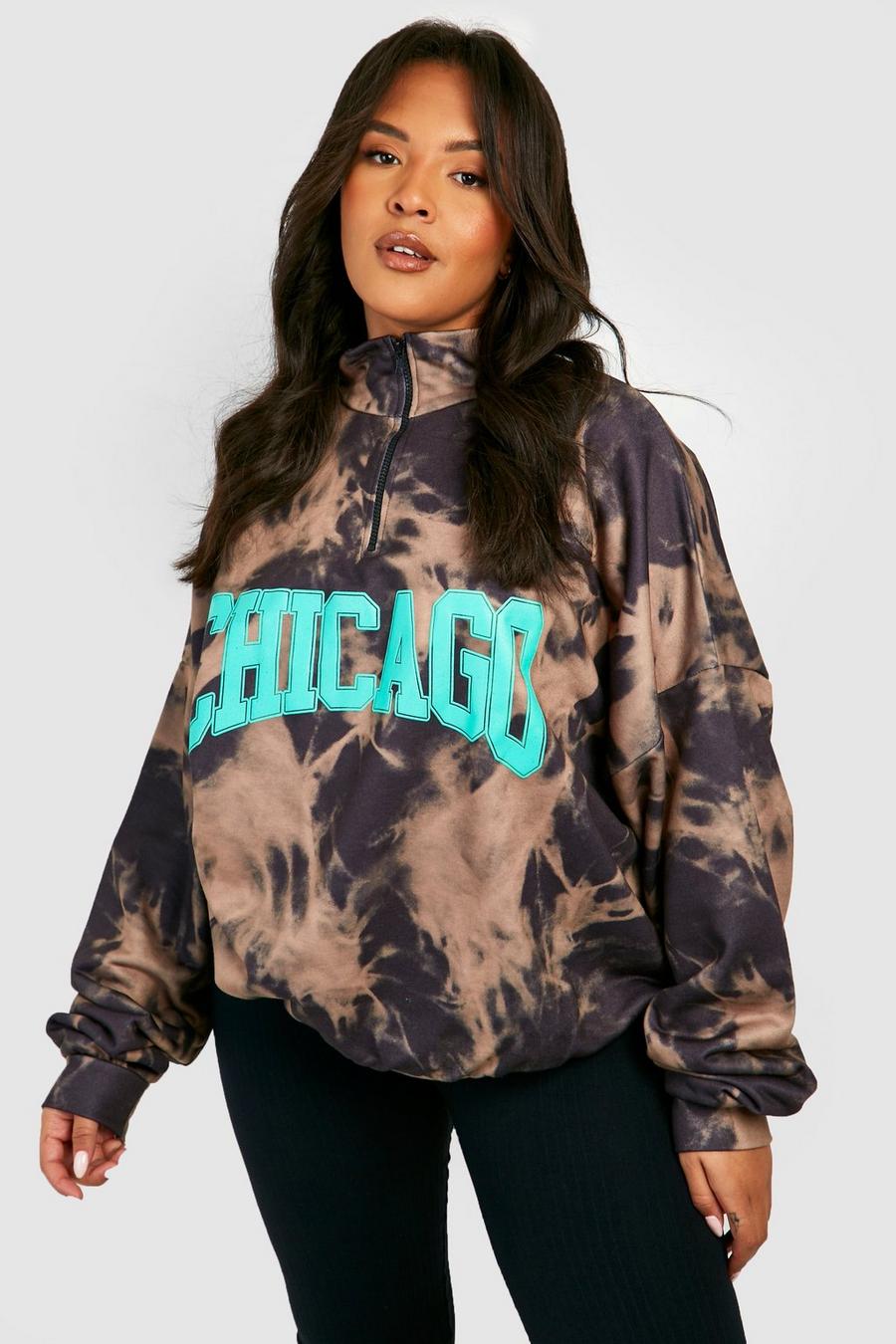 Khaki Chicago Plus Batikmönstrad oversized sweatshirt med kort dragkedja image number 1