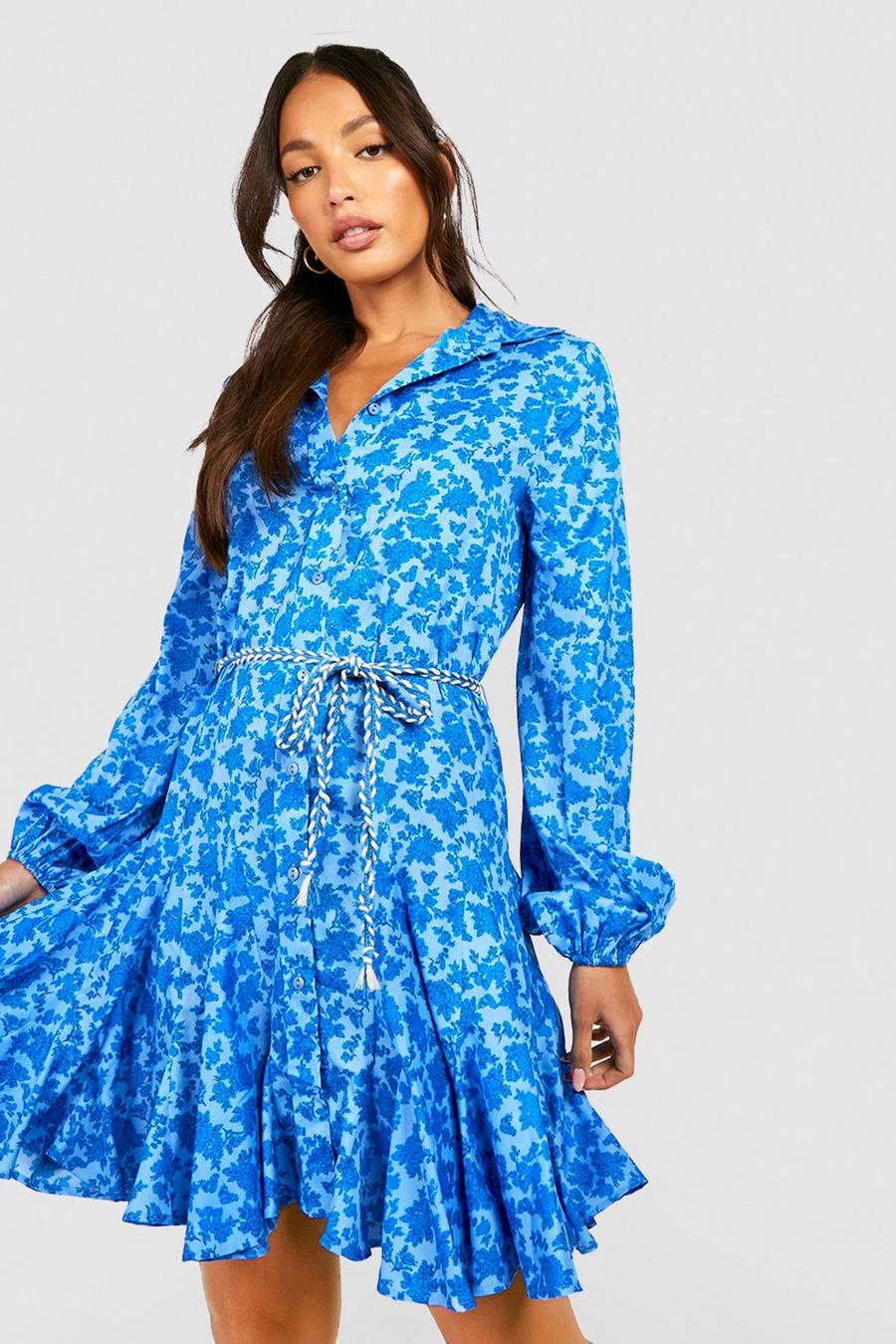 Blue Tall Floral Rope Tie Pleated Shirt Dress image number 1